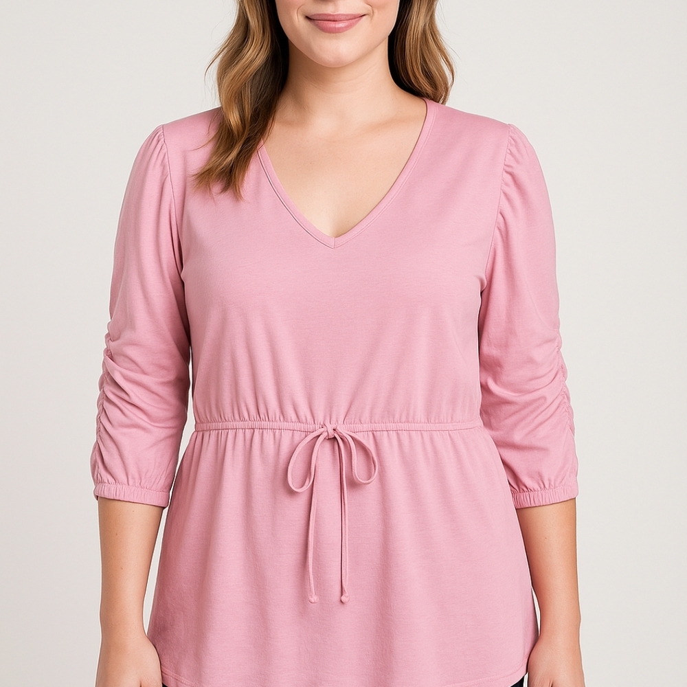 Shavonne Dorsey Pink V-Neck Ruched 3/4 Sleeve Blouse Elastic Waist NWT M